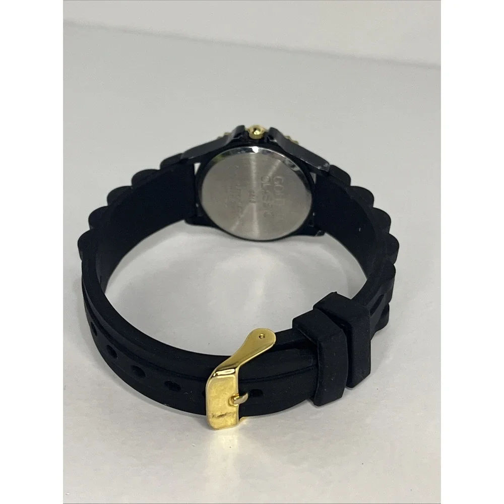 Golden Classic Women's Watch Crystal Bezel Black Silicone‎ Band- New Battery